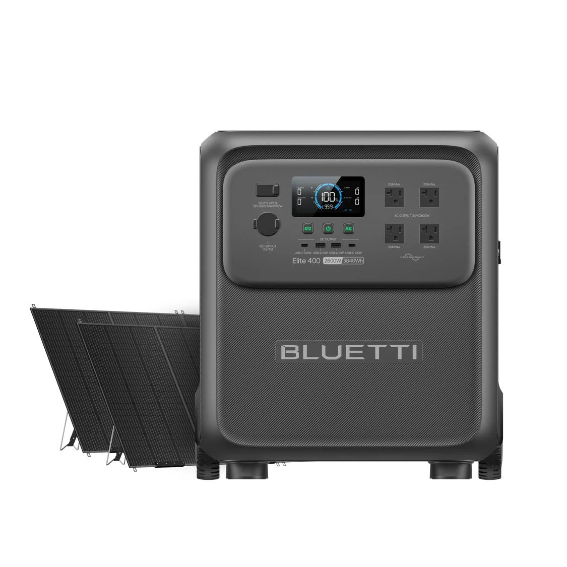 BLUETTI Elite 400 portable power station with 2x350W solar panels, 3,840Wh