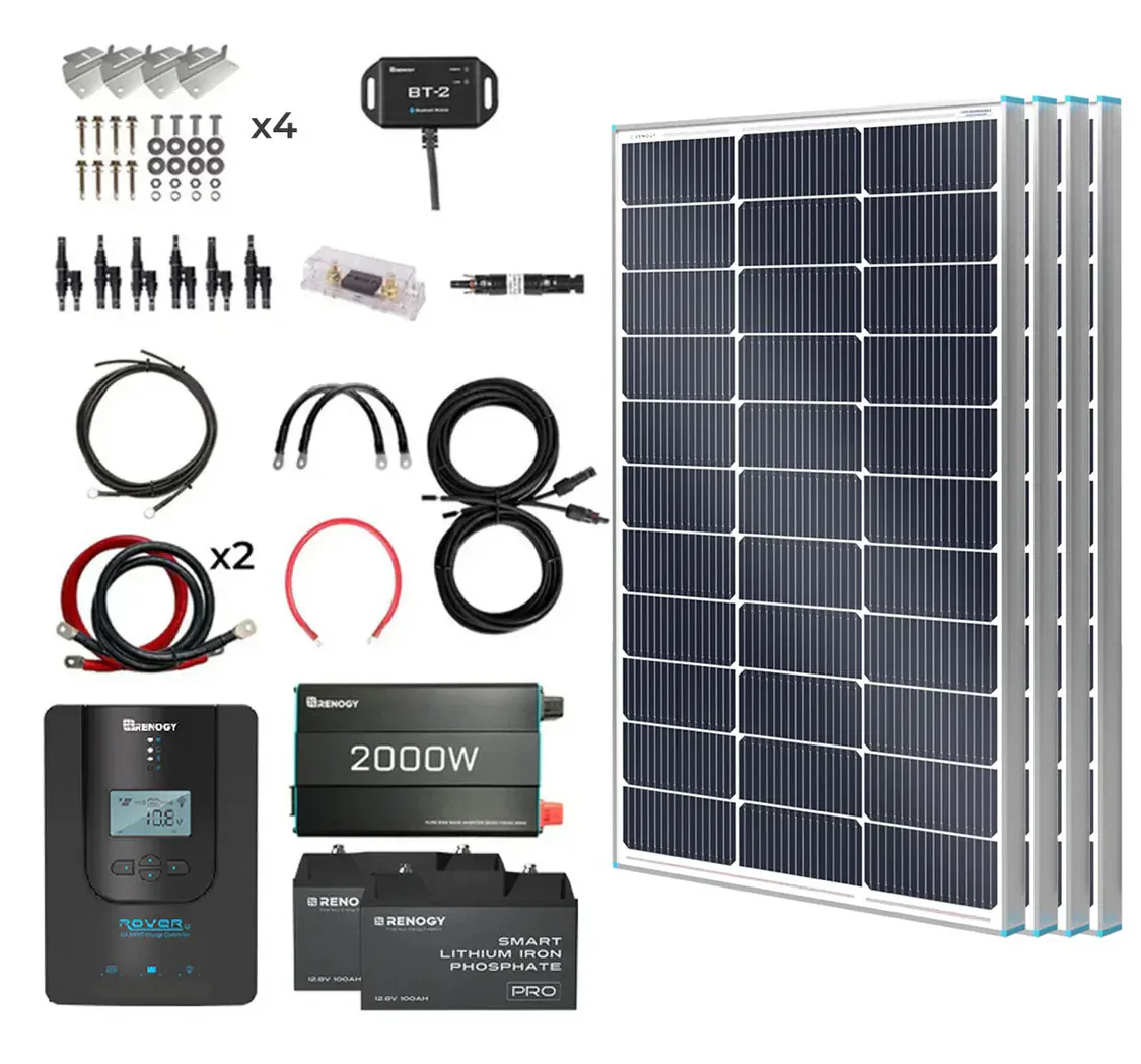 Renogy 400W 12V complete solar panel kit with 2.4kWh LiFePO4 batteries, charge controller, and inverter