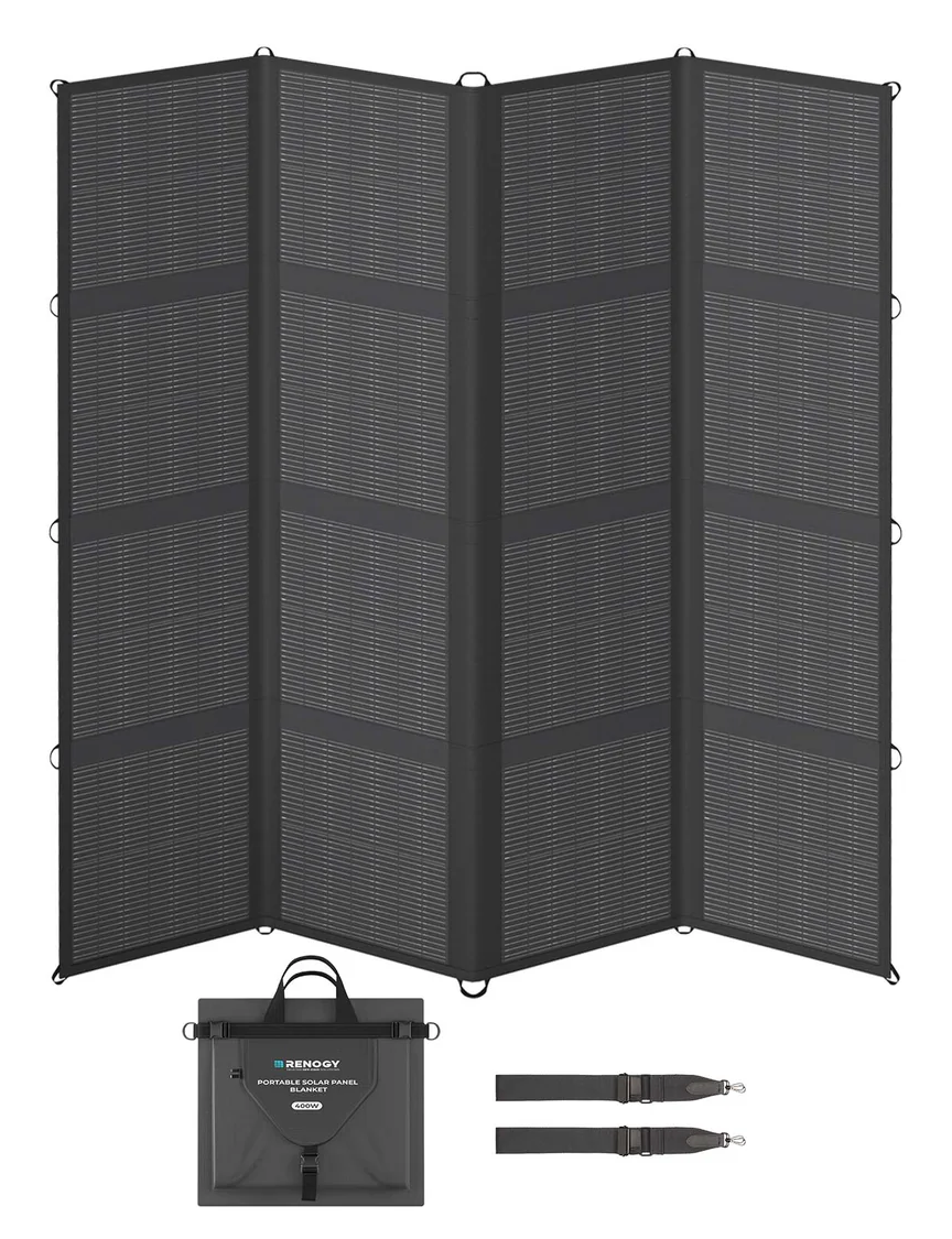 Renogy 400W portable solar panel blanket, folded and unfolded