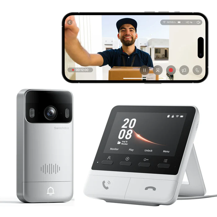 SwitchBot Video Doorbell with wireless intercom monitor, 2K HD camera and two-way talk